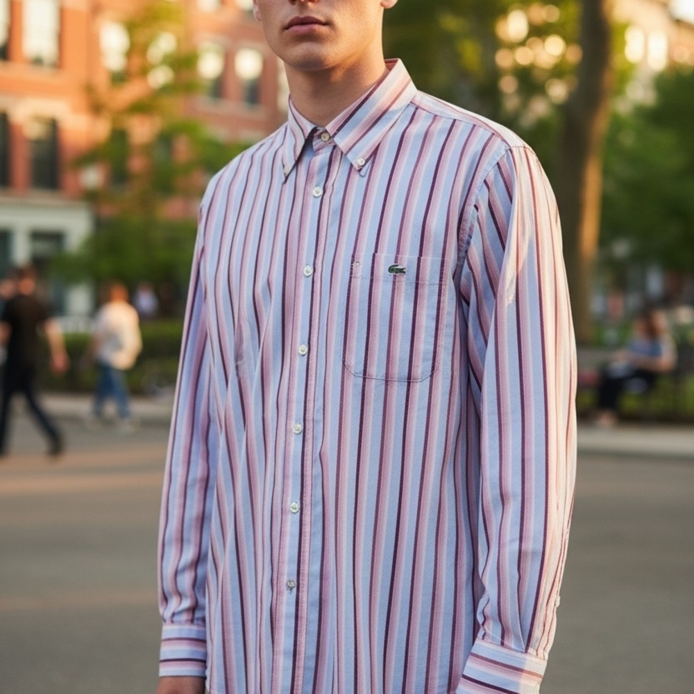 Lacoste Men’s Pink, White & Blue Vertical Stripe Button-Down Shirt 42